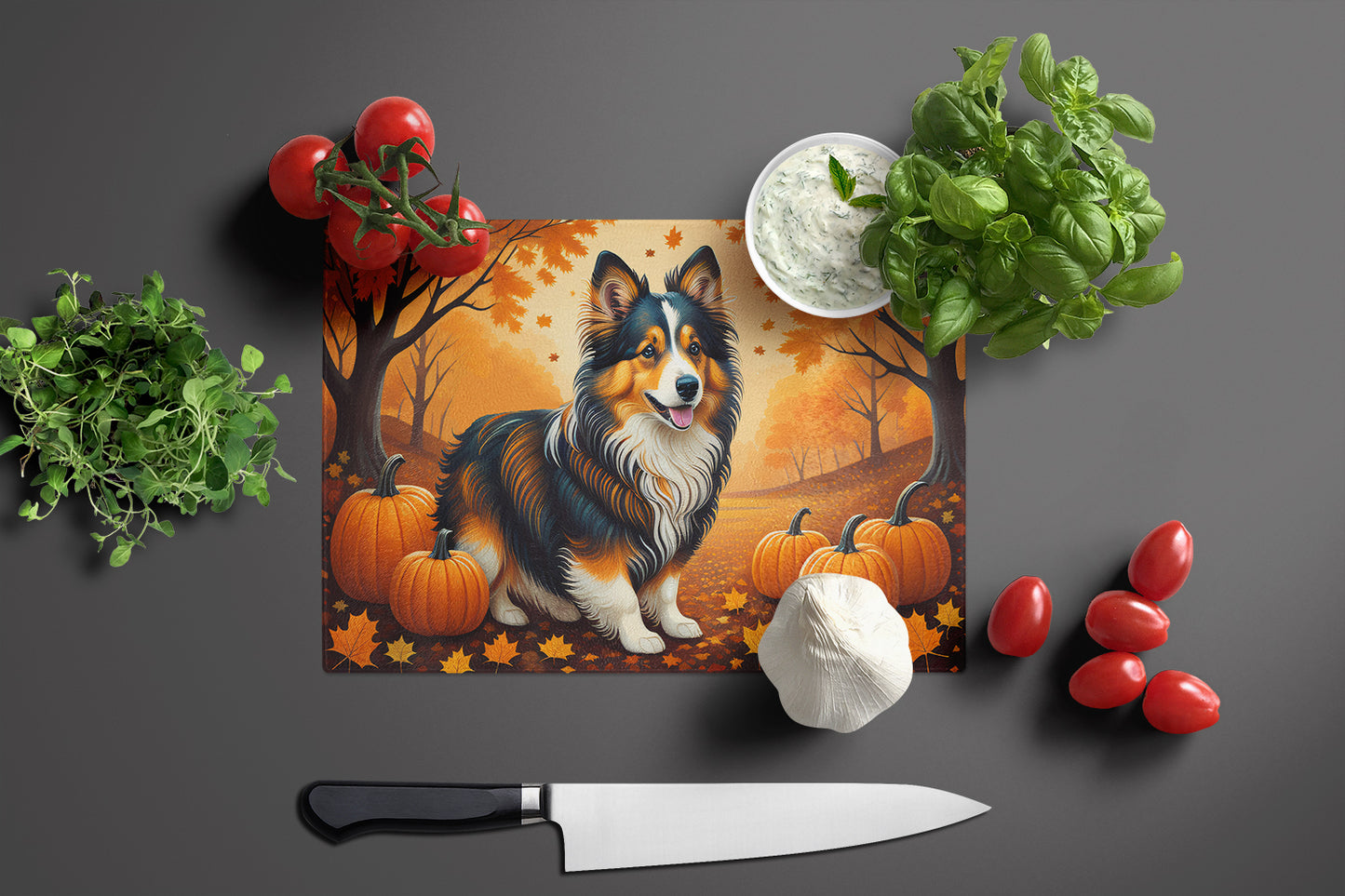 Sheltie Fall Glass Cutting Board