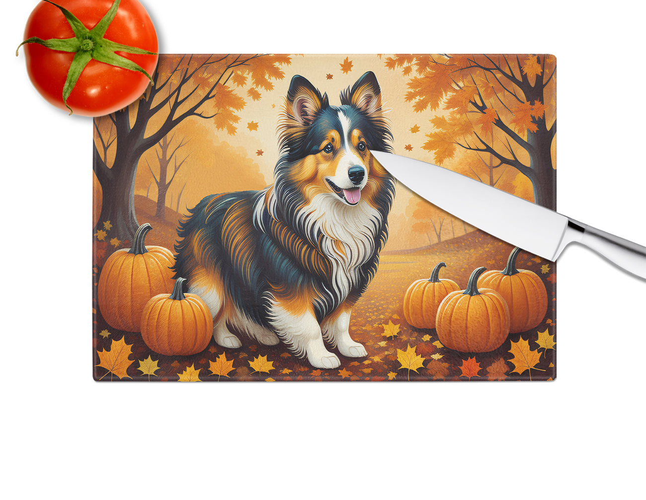 Sheltie Fall Glass Cutting Board