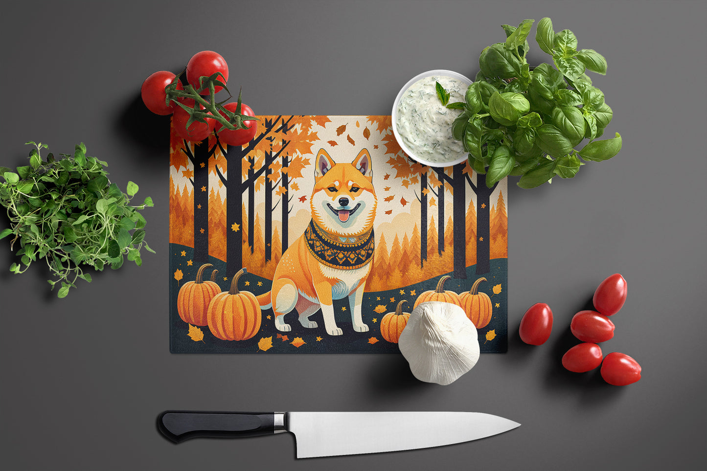 Shiba Inu Fall Glass Cutting Board