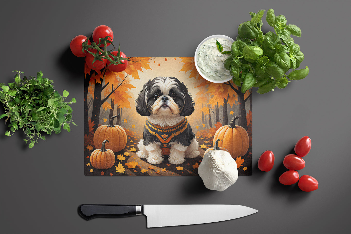 Shih Tzu Fall Glass Cutting Board