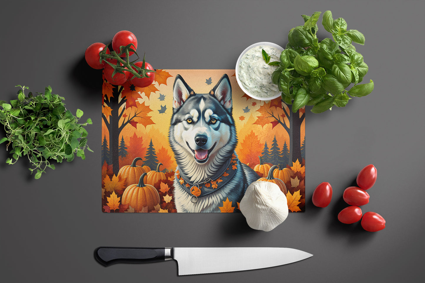 Siberian Husky Fall Glass Cutting Board