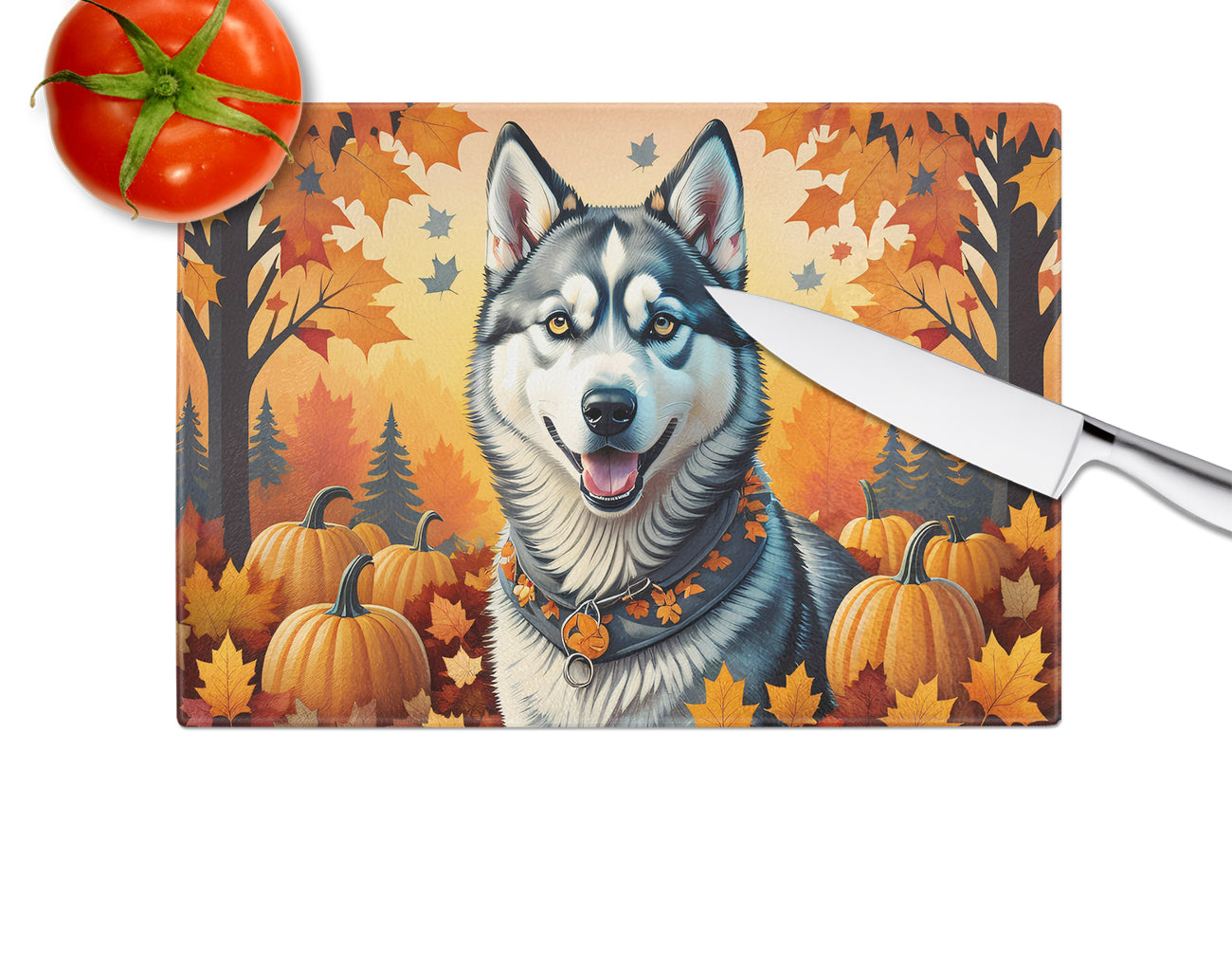 Siberian Husky Fall Glass Cutting Board