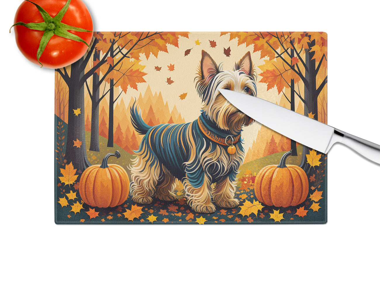 Silky Terrier Fall Glass Cutting Board