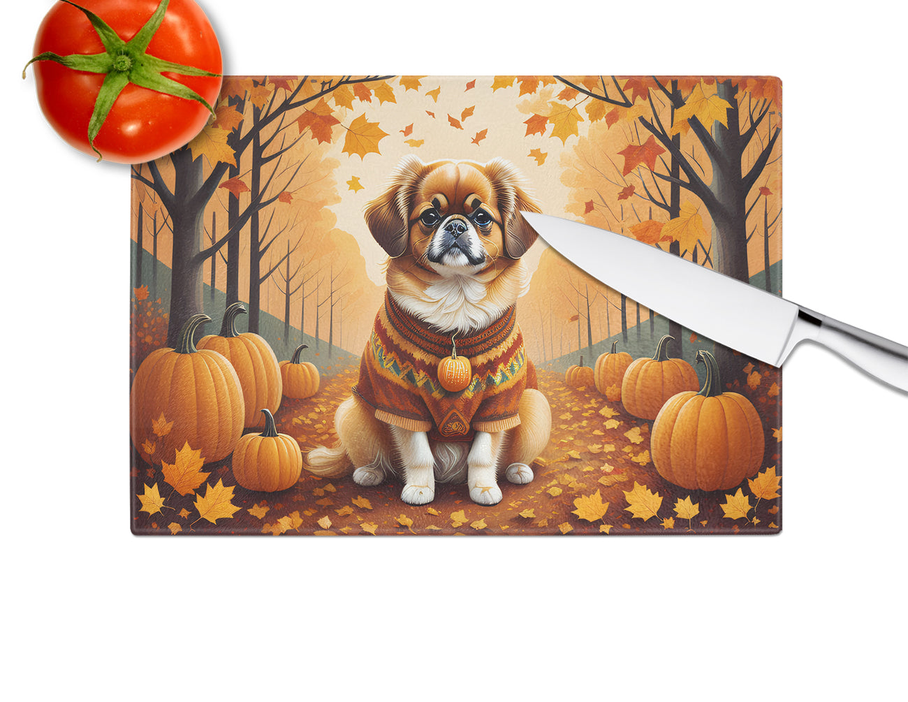 Tibetan Spaniel Fall Glass Cutting Board