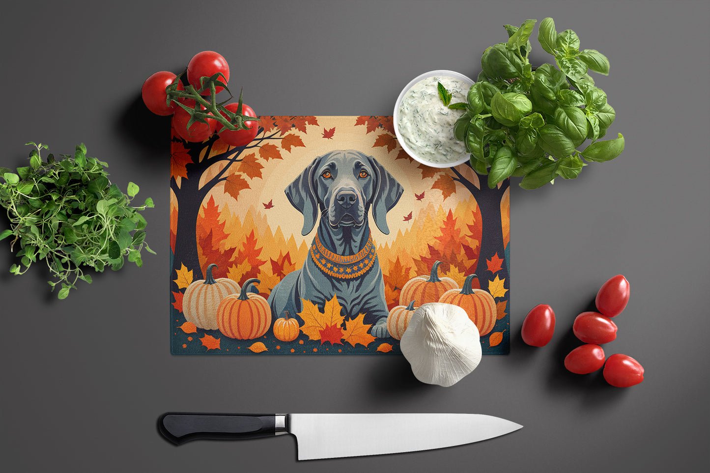 Weimaraner Fall Glass Cutting Board