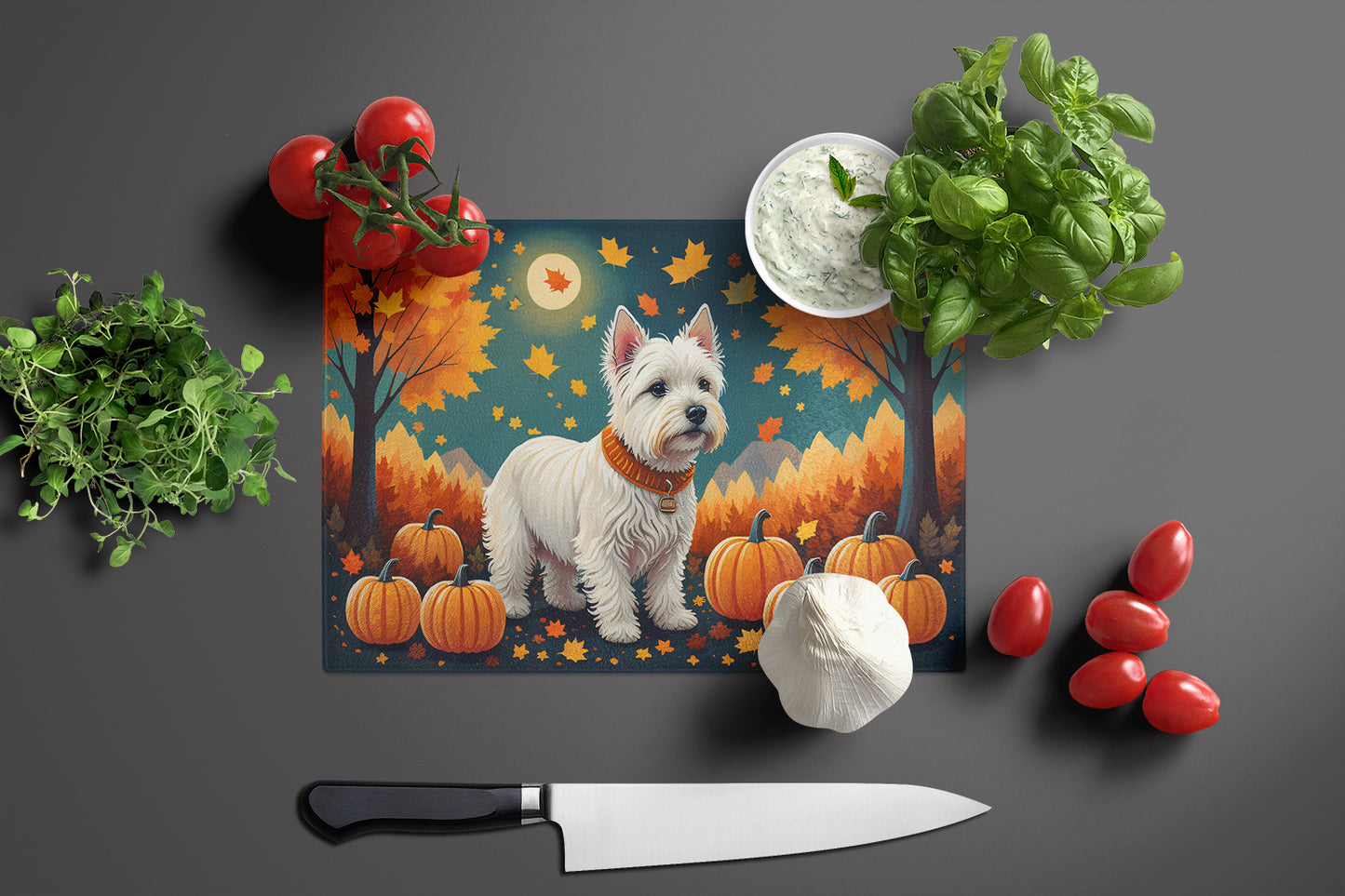 Westie Fall Glass Cutting Board