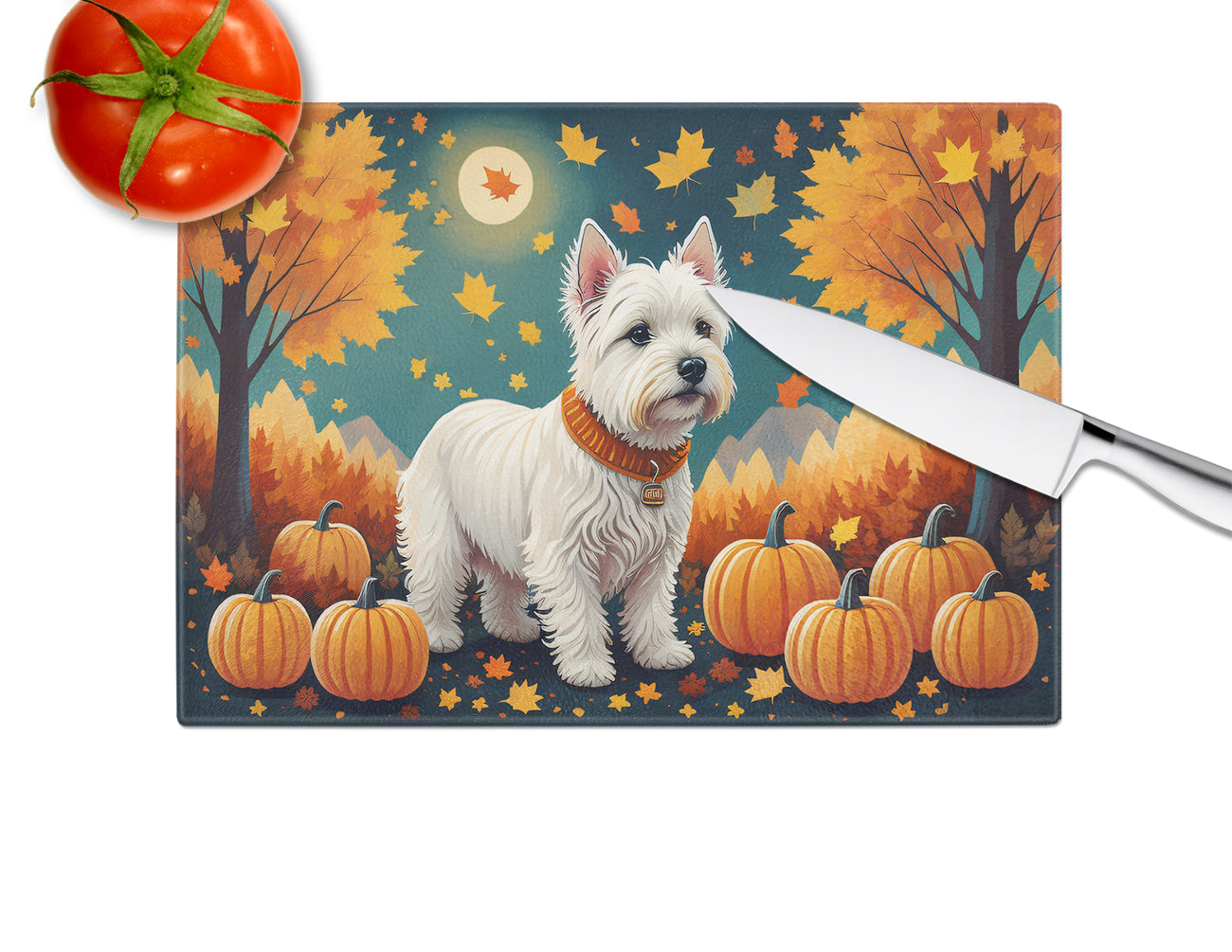 Westie Fall Glass Cutting Board