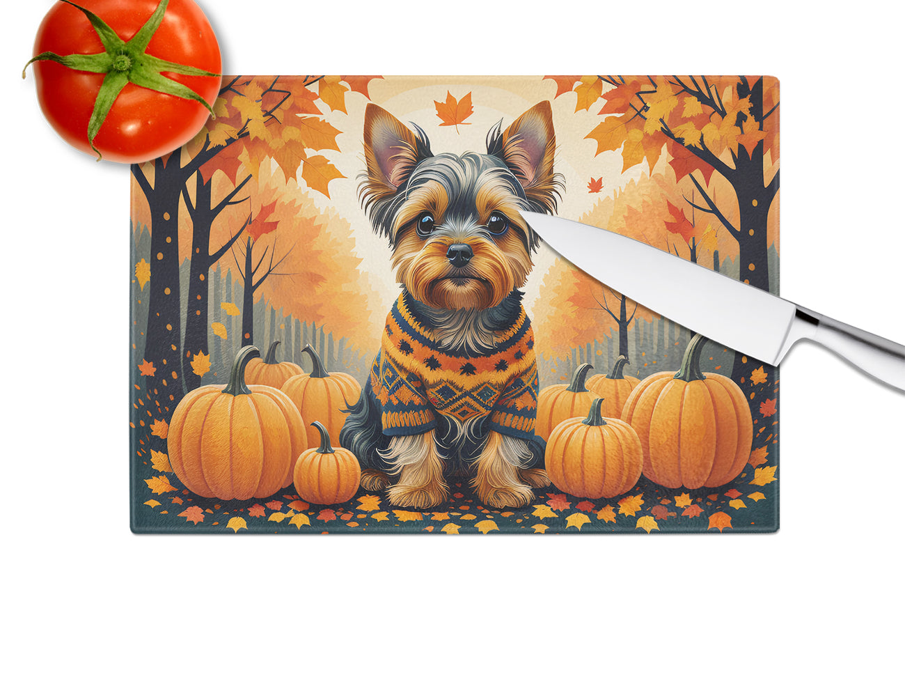 Yorkshire Terrier Fall Glass Cutting Board