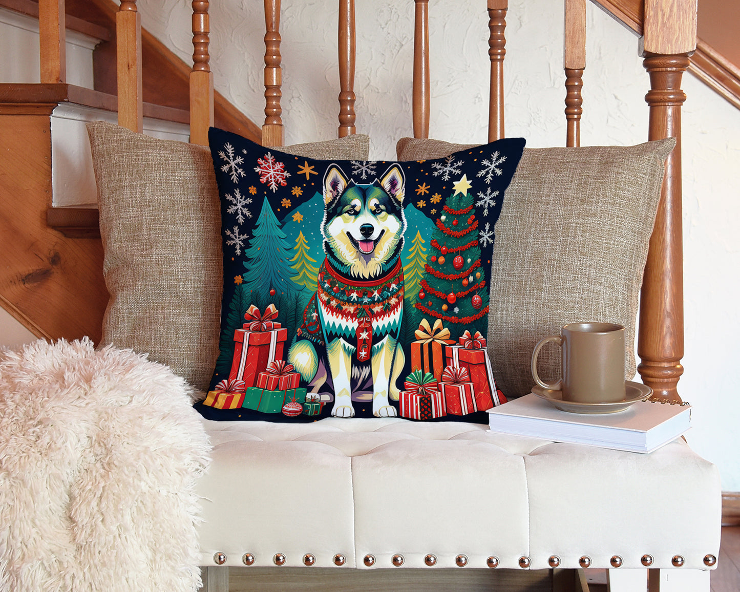 Alaskan Malamute Christmas Throw Pillow