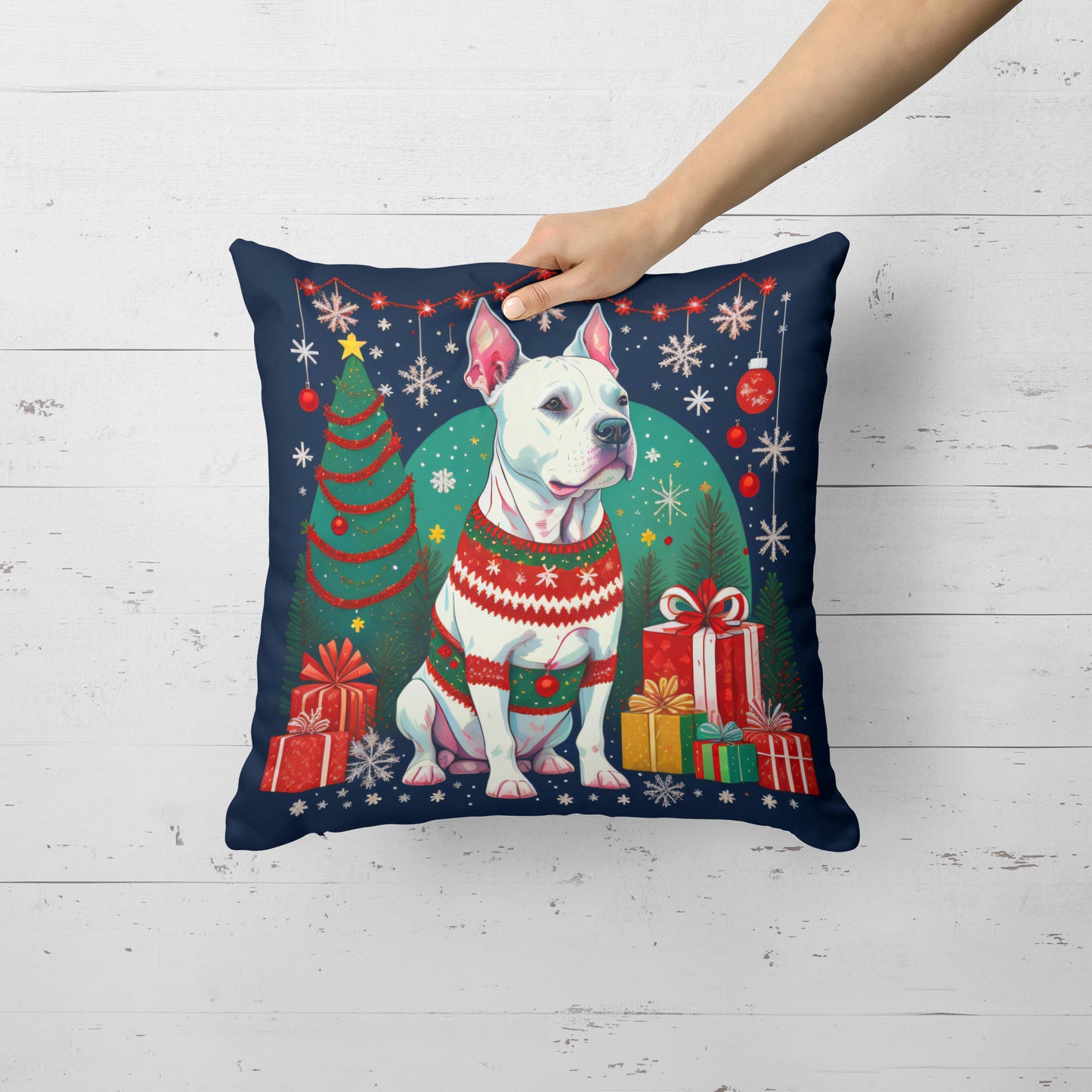 White Pit Bull Terrier Christmas Throw Pillow