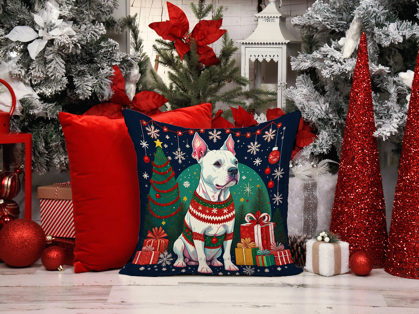 White Pit Bull Terrier Christmas Throw Pillow