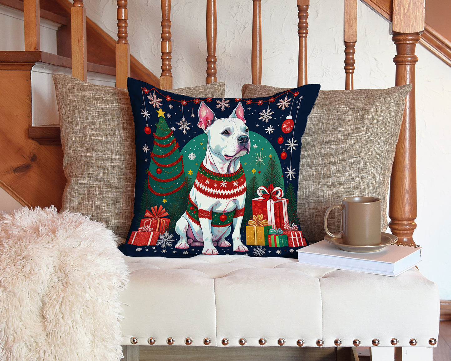 White Pit Bull Terrier Christmas Throw Pillow