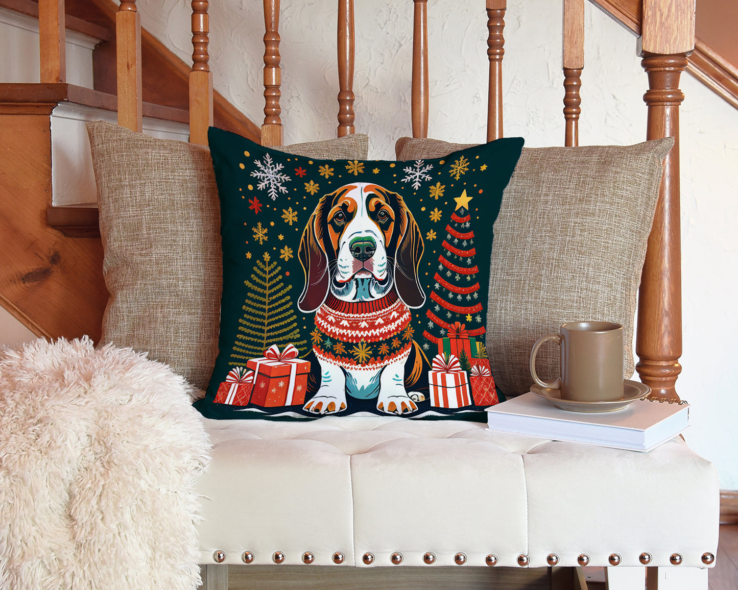 Basset Hound Christmas Throw Pillow