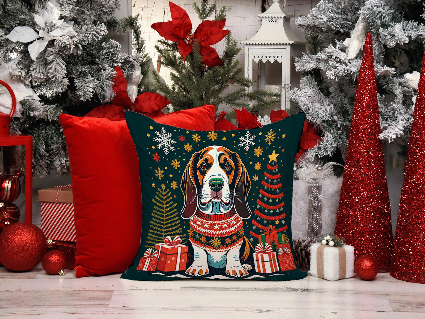 Basset Hound Christmas Throw Pillow