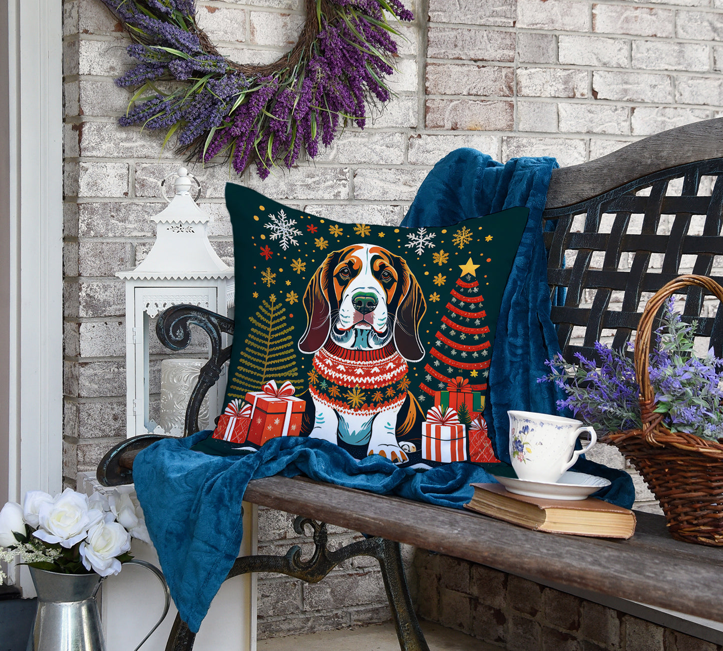 Basset Hound Christmas Throw Pillow