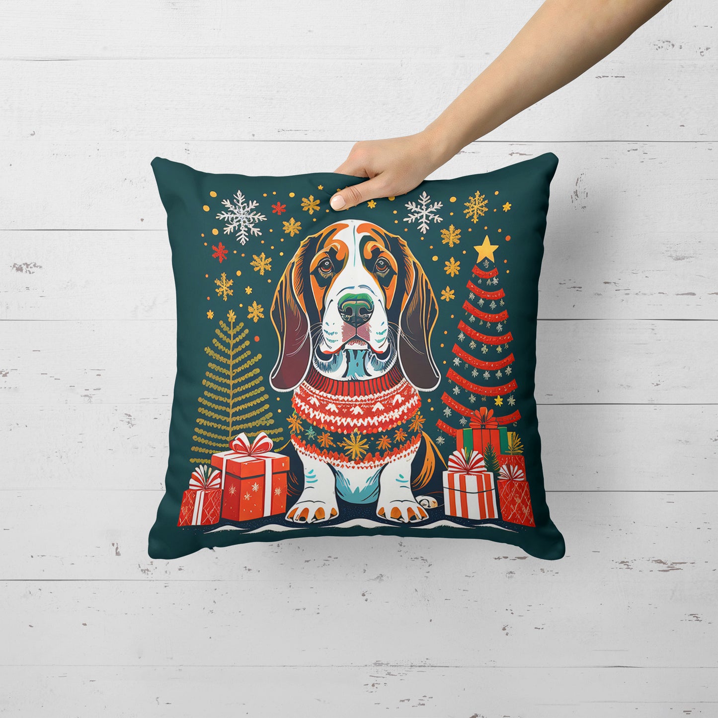 Basset Hound Christmas Throw Pillow