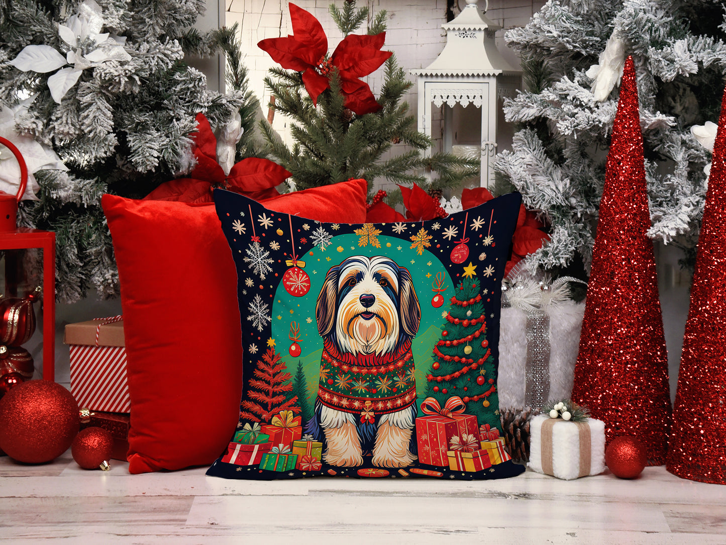 Bearded Collie Christmas Throw Pillow