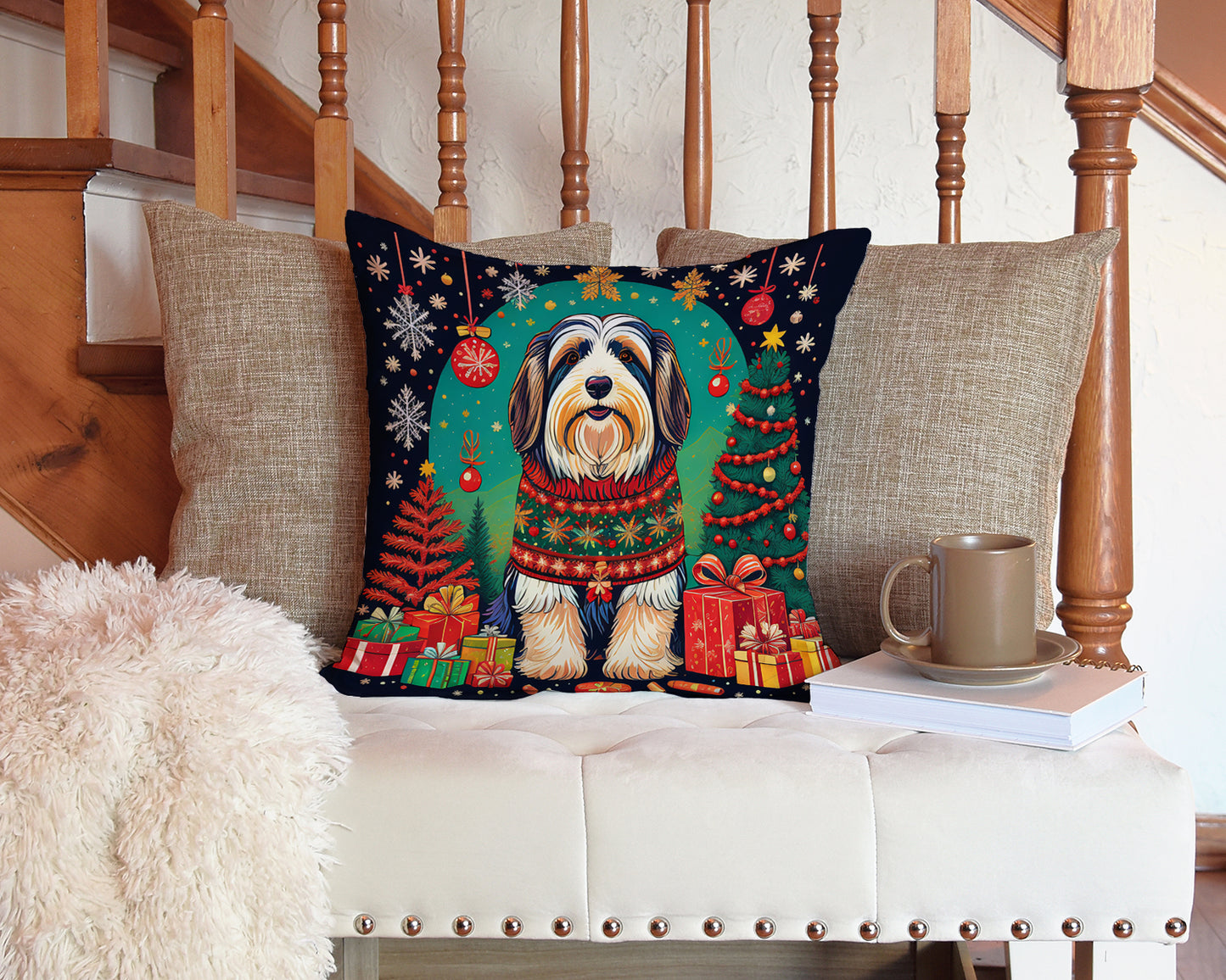 Bearded Collie Christmas Throw Pillow