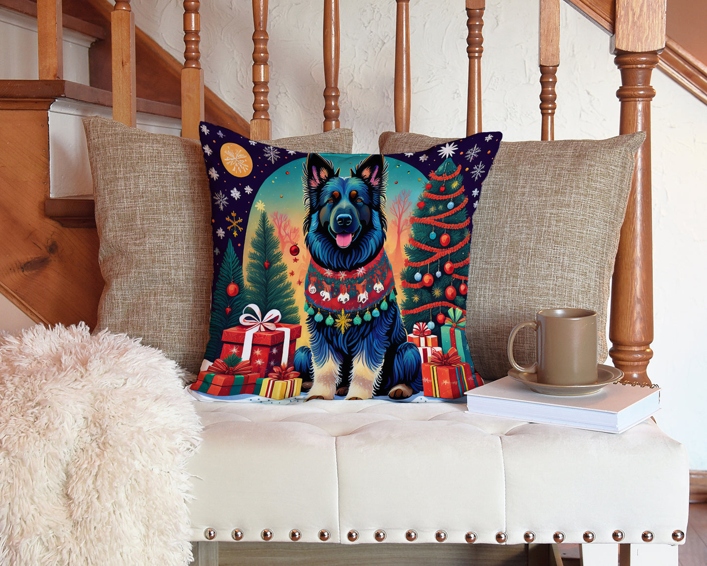 Belgian Sheepdog Christmas Throw Pillow