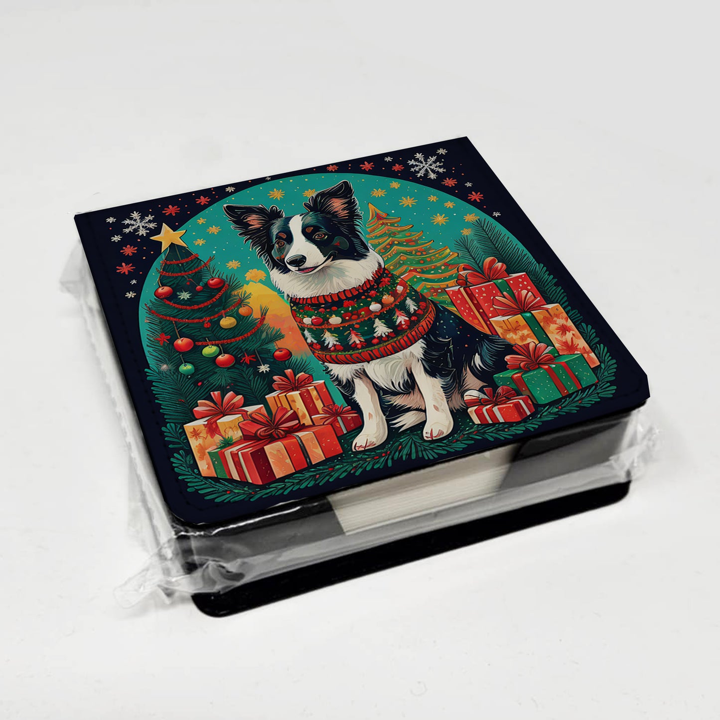 Border Collie Christmas PU Leather Note Paper Holder