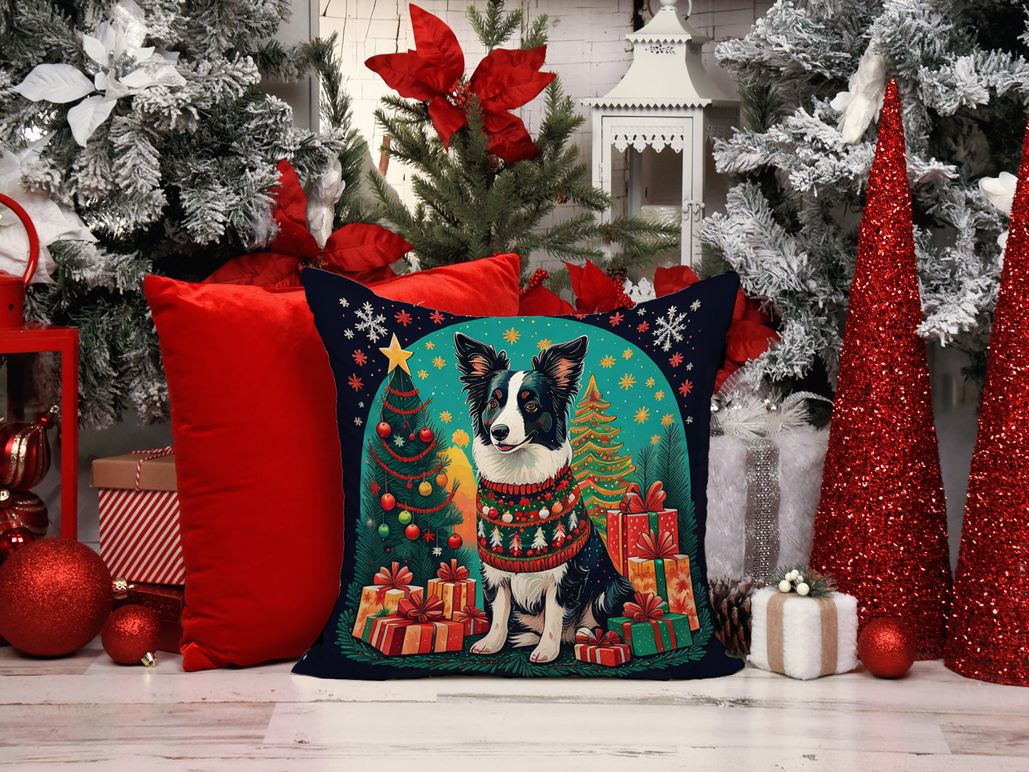 Border Collie Christmas Throw Pillow