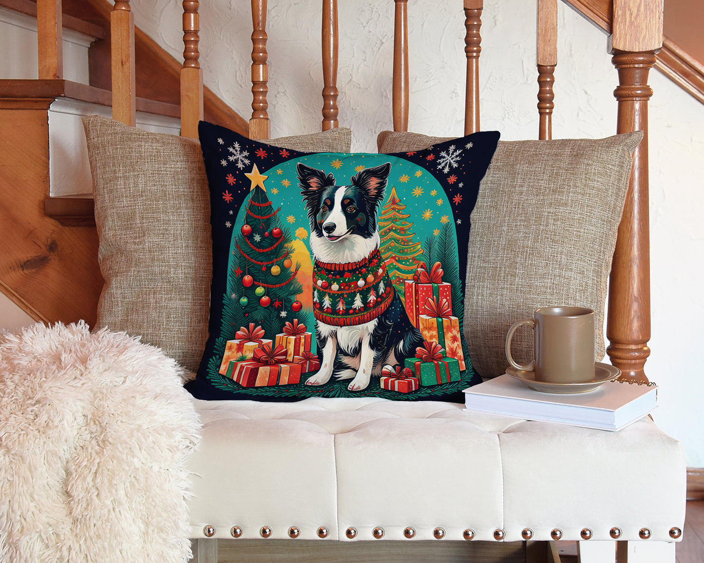 Border Collie Christmas Throw Pillow