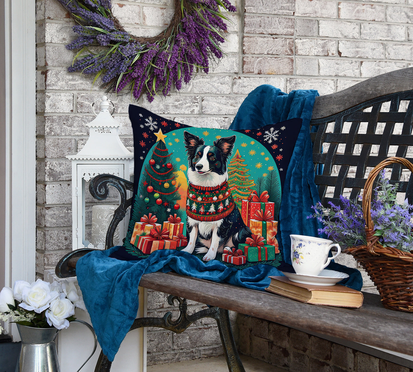 Border Collie Christmas Throw Pillow