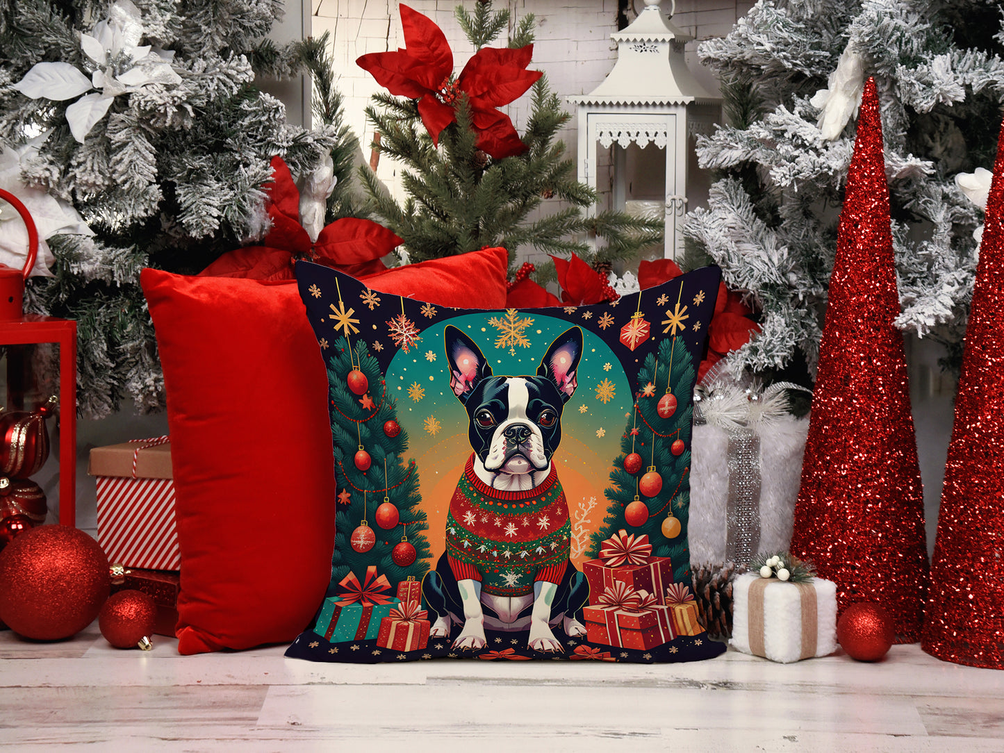 Boston Terrier Christmas Throw Pillow