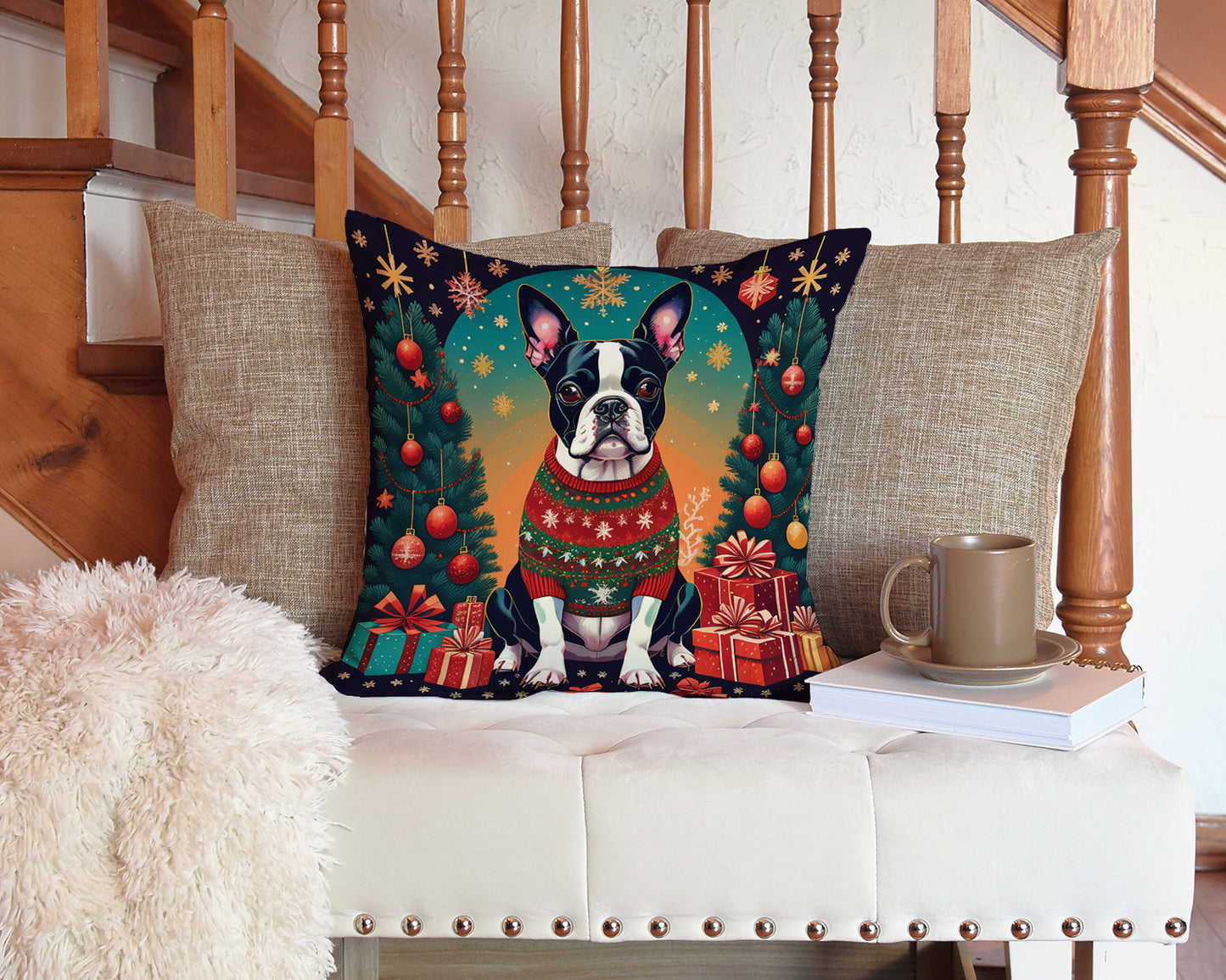 Boston Terrier Christmas Throw Pillow