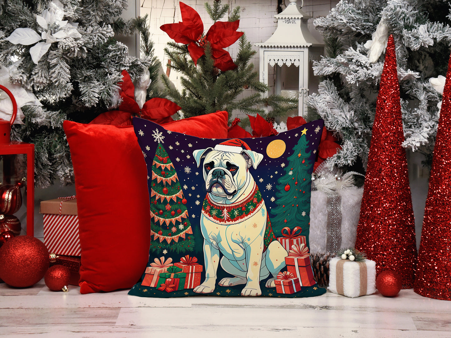 White Boxer Christmas Throw Pillow