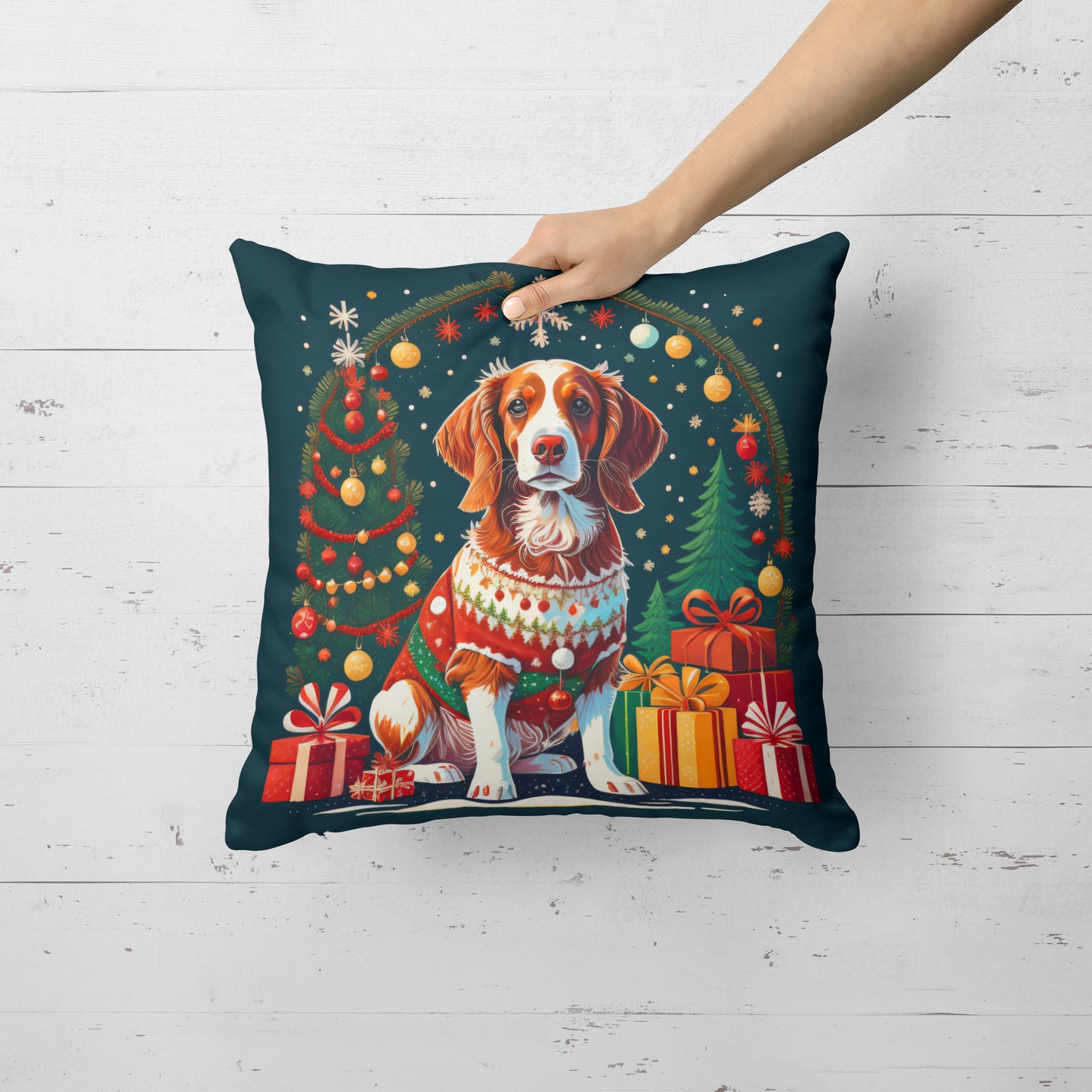 Brittany Spaniel Christmas Throw Pillow