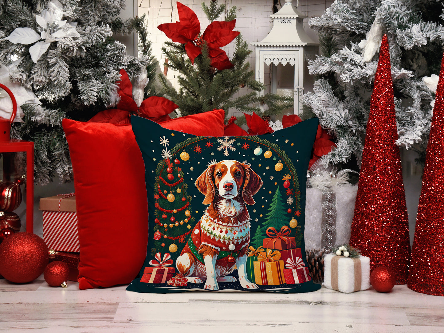 Brittany Spaniel Christmas Throw Pillow