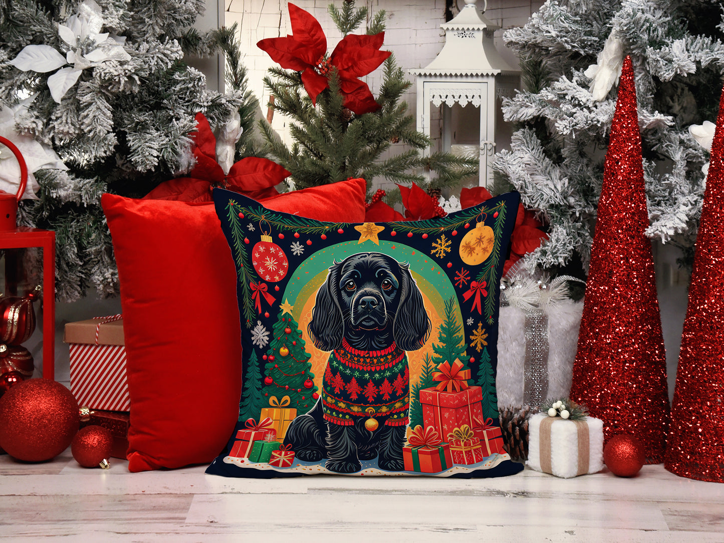 Black Cocker Spaniel Christmas Throw Pillow