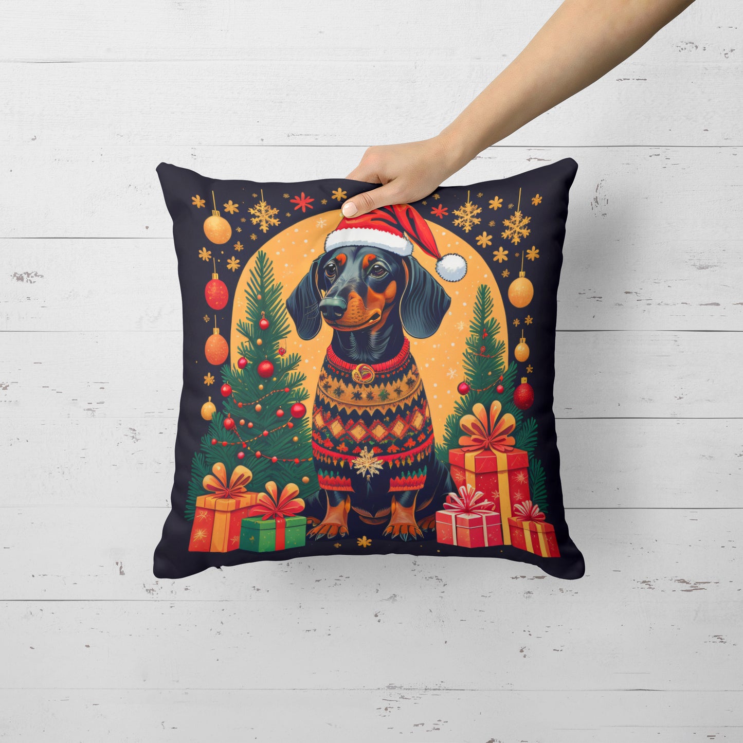 Black and Tan Dachshund Christmas Throw Pillow