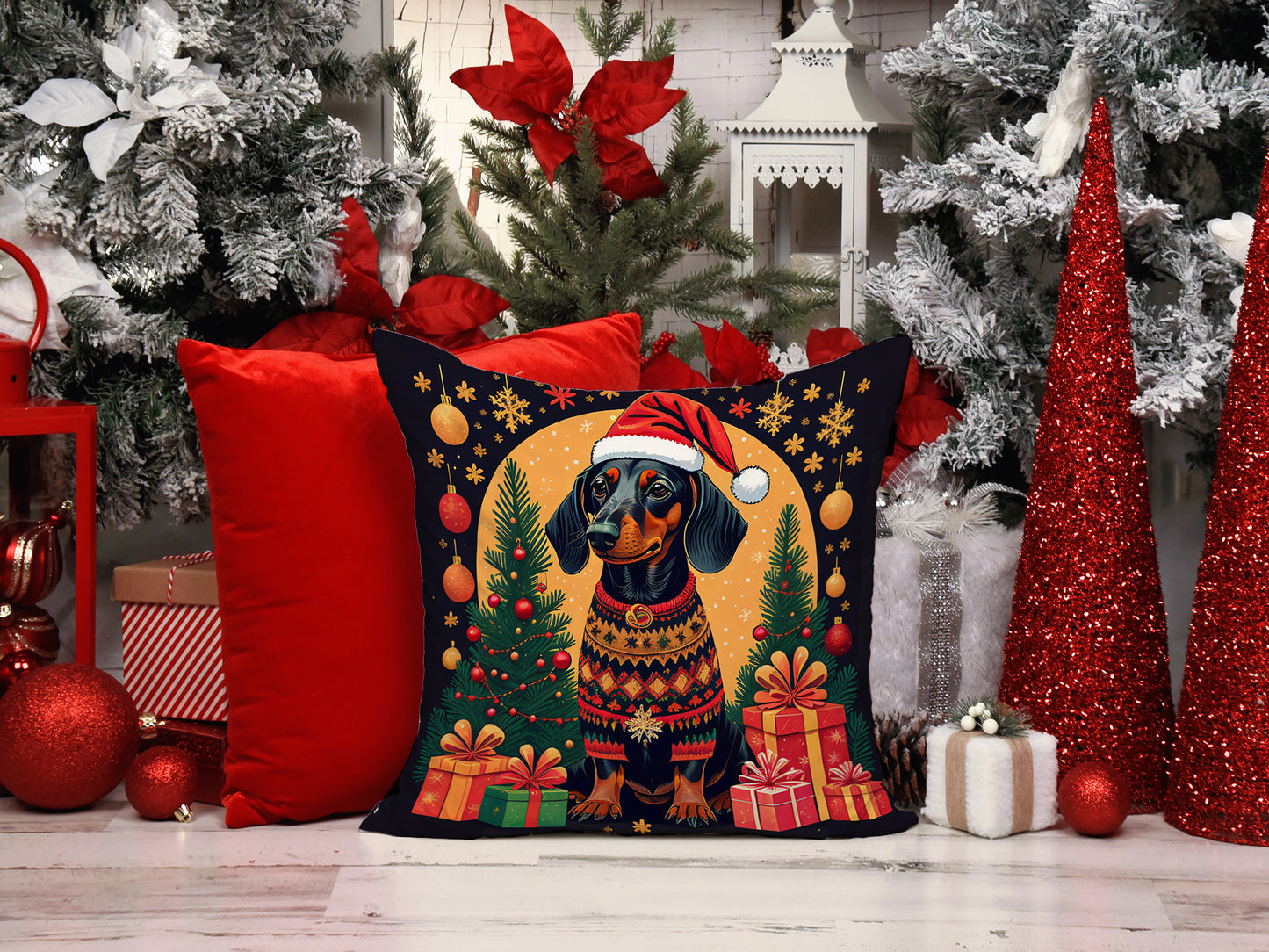 Black and Tan Dachshund Christmas Throw Pillow