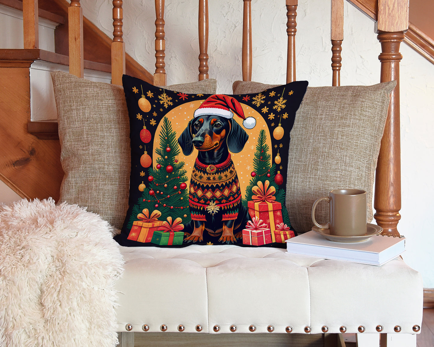 Black and Tan Dachshund Christmas Throw Pillow