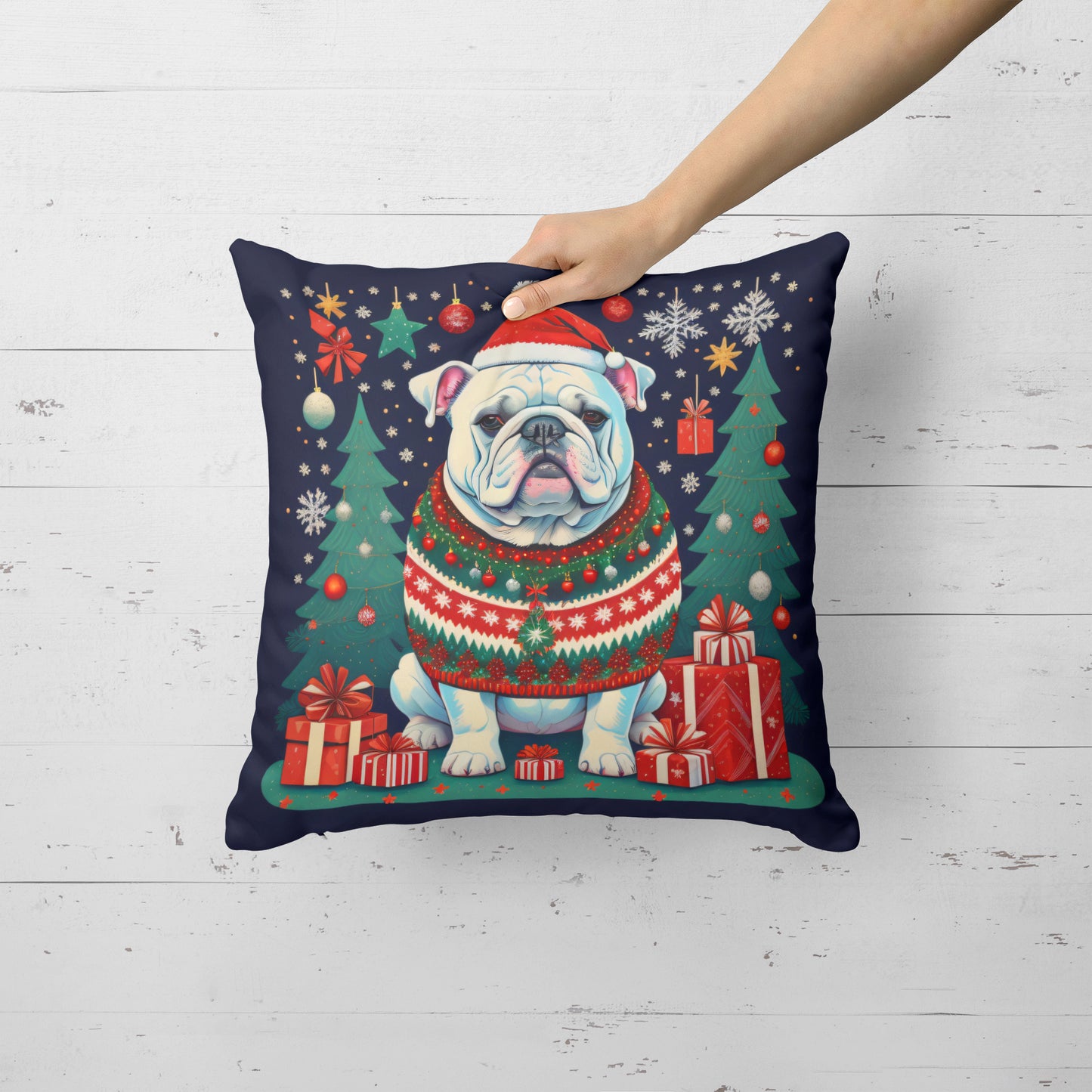 White English Bulldog Christmas Throw Pillow