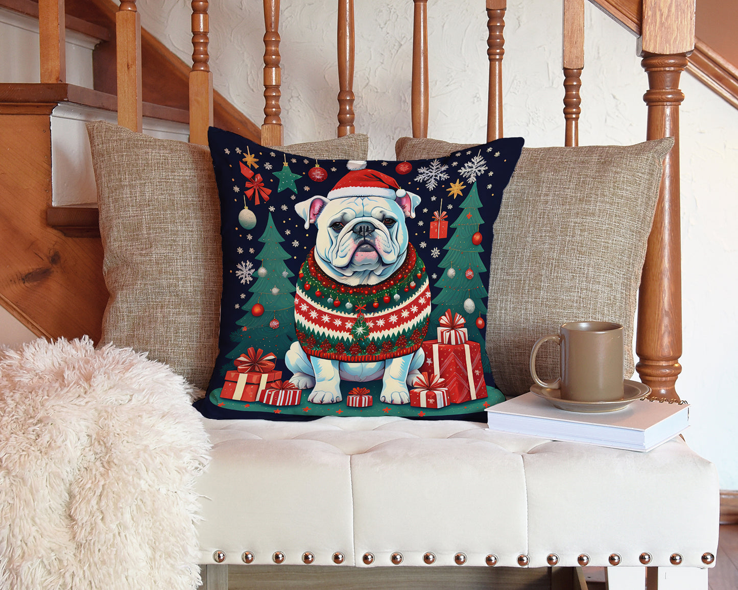 White English Bulldog Christmas Throw Pillow