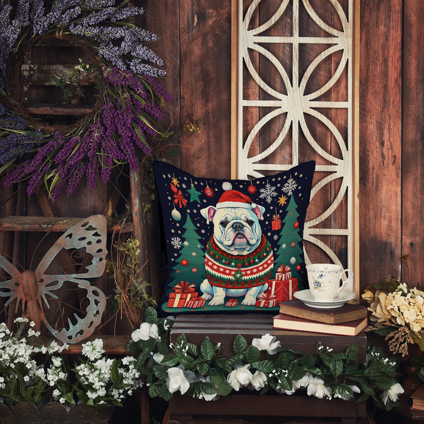 White English Bulldog Christmas Throw Pillow