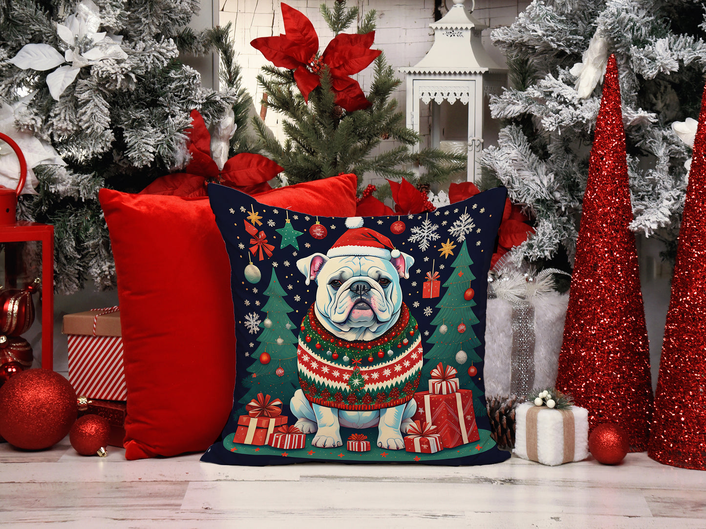 White English Bulldog Christmas Throw Pillow