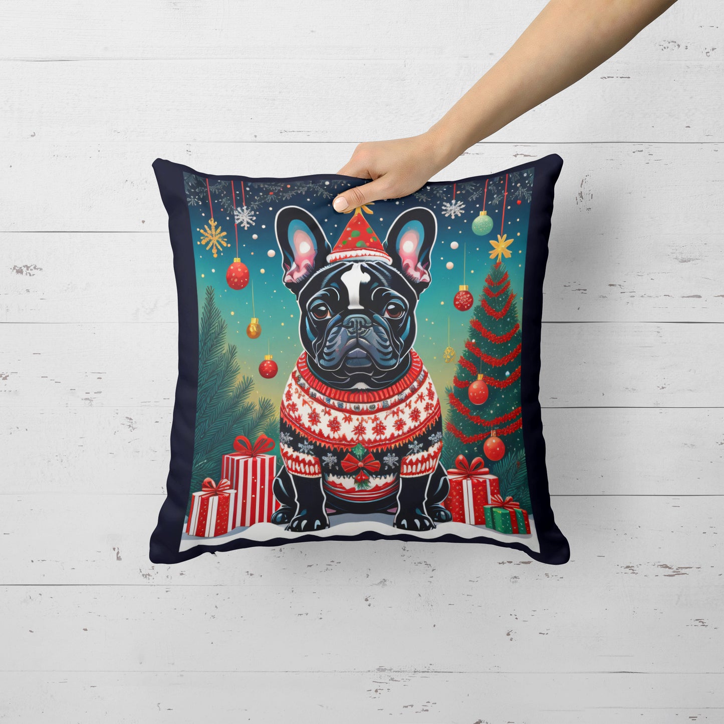 Black French Bulldog Christmas Throw Pillow