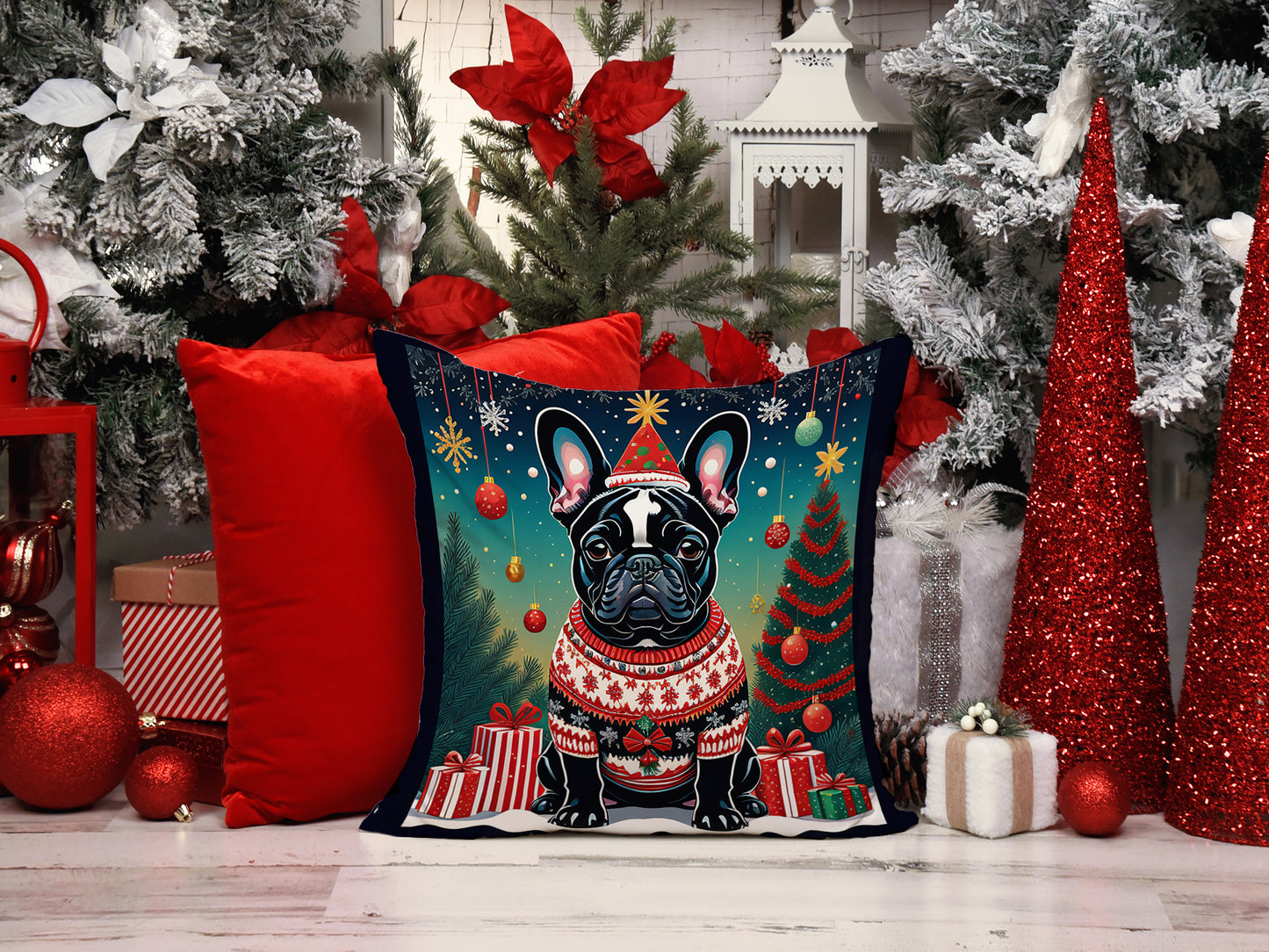 Black French Bulldog Christmas Throw Pillow