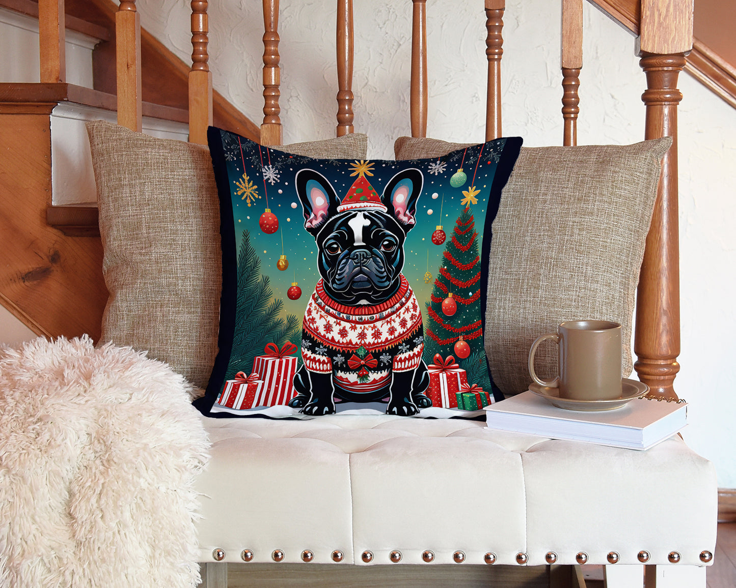 Black French Bulldog Christmas Throw Pillow