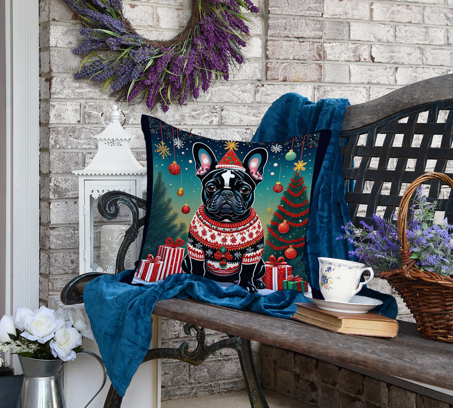 Black French Bulldog Christmas Throw Pillow