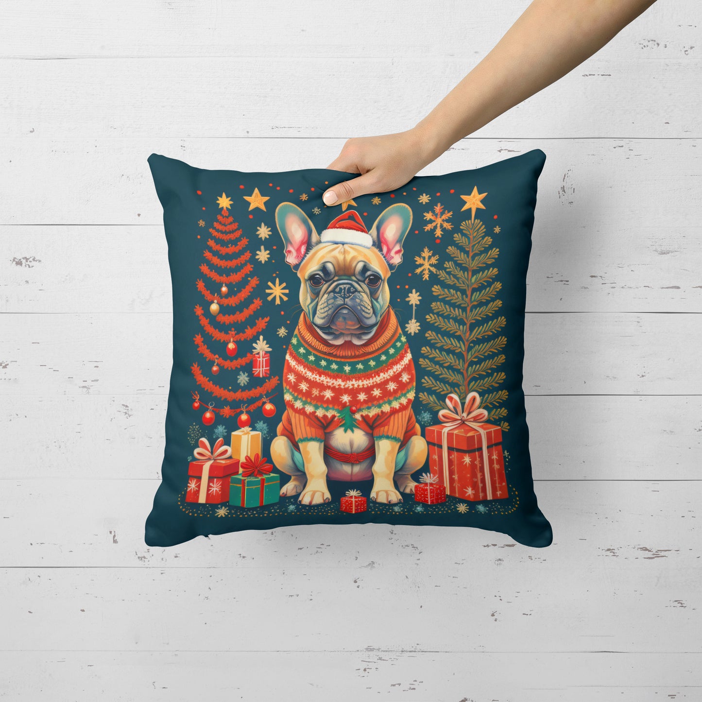 Fawn French Bulldog Christmas Throw Pillow