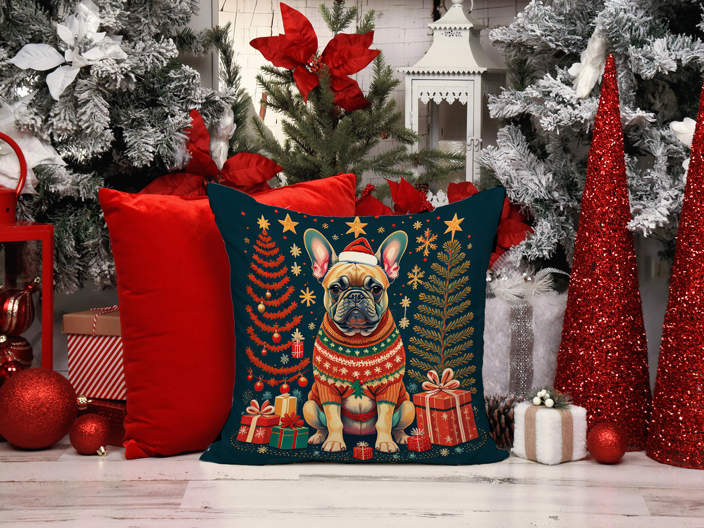 Fawn French Bulldog Christmas Throw Pillow