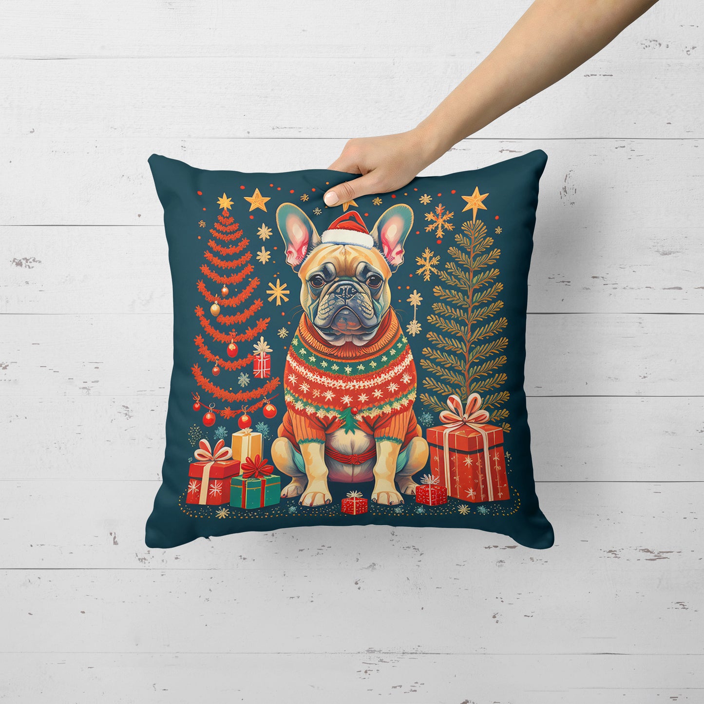 Fawn French Bulldog Christmas Throw Pillow