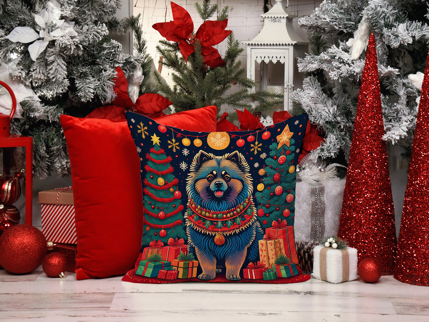 Keeshond Christmas Throw Pillow