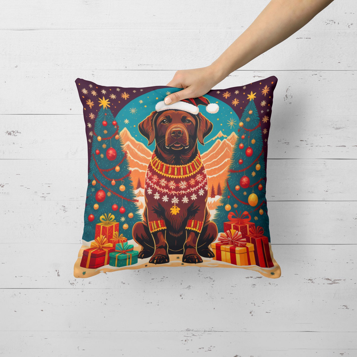 Chocolate Labrador Retriever Christmas Throw Pillow