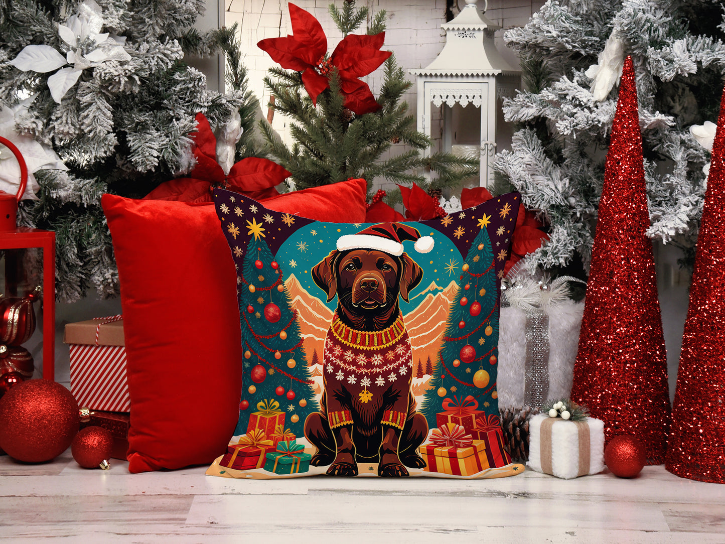 Chocolate Labrador Retriever Christmas Throw Pillow